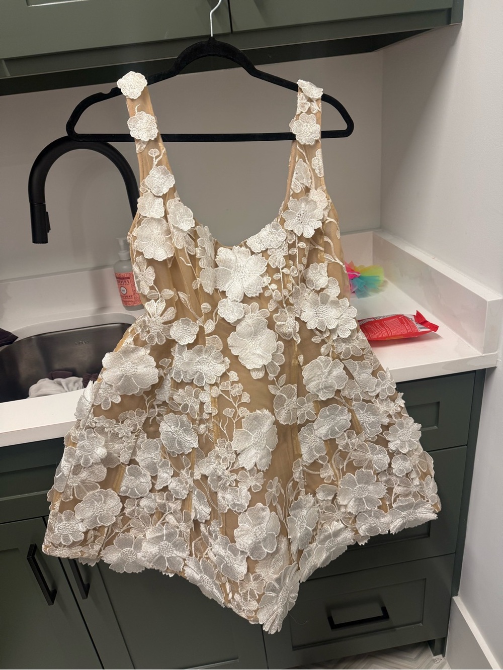 Bronx and Banco Nude Mini Dress with White Floral Appliqué Detail - Picture 1 of 5